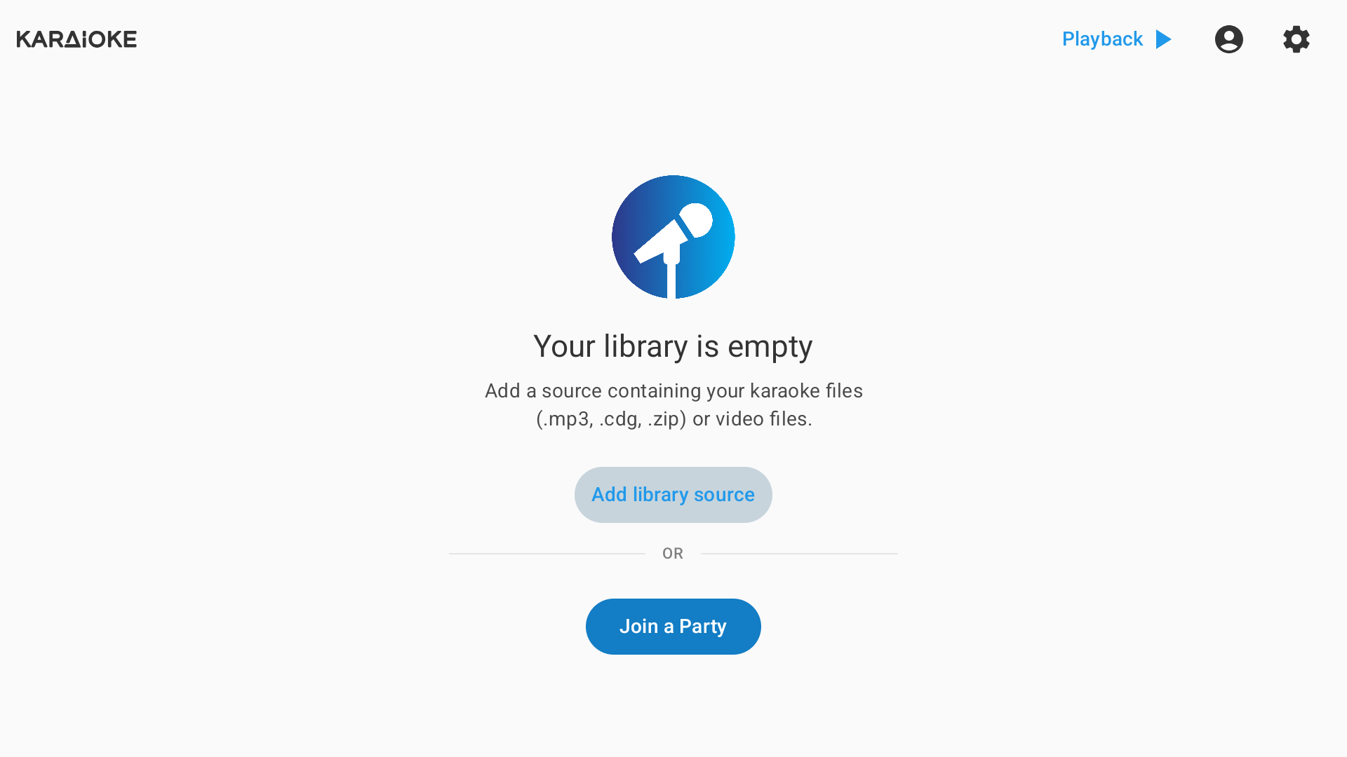 KARAIOKE welcome screen prompting to add a library source or join a party