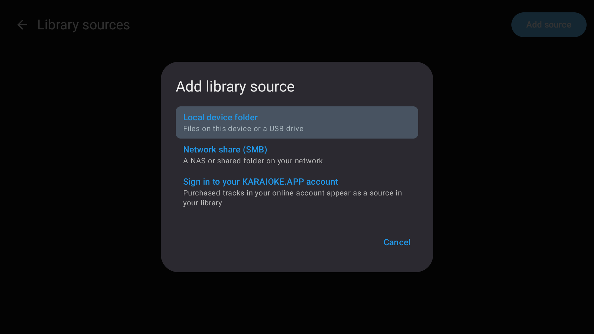 Add library source dialog with local folder, SMB network share and KARAIOKE.APP account options