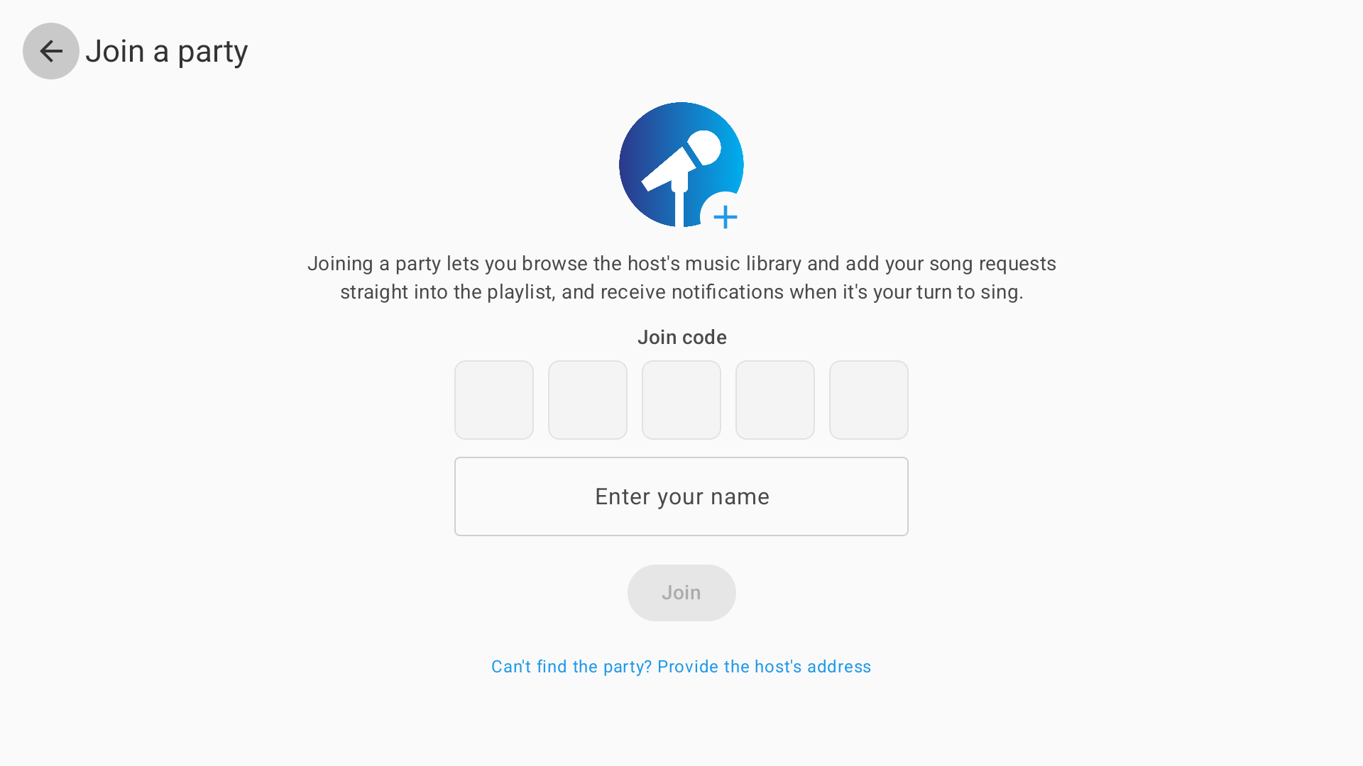 Join a party screen with a five-character join code and name entry